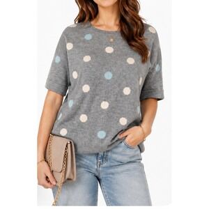 Garnet Hill Gray Cashmere Polka Dot Short Sleeve Sweater Luxury Lightweight XL
